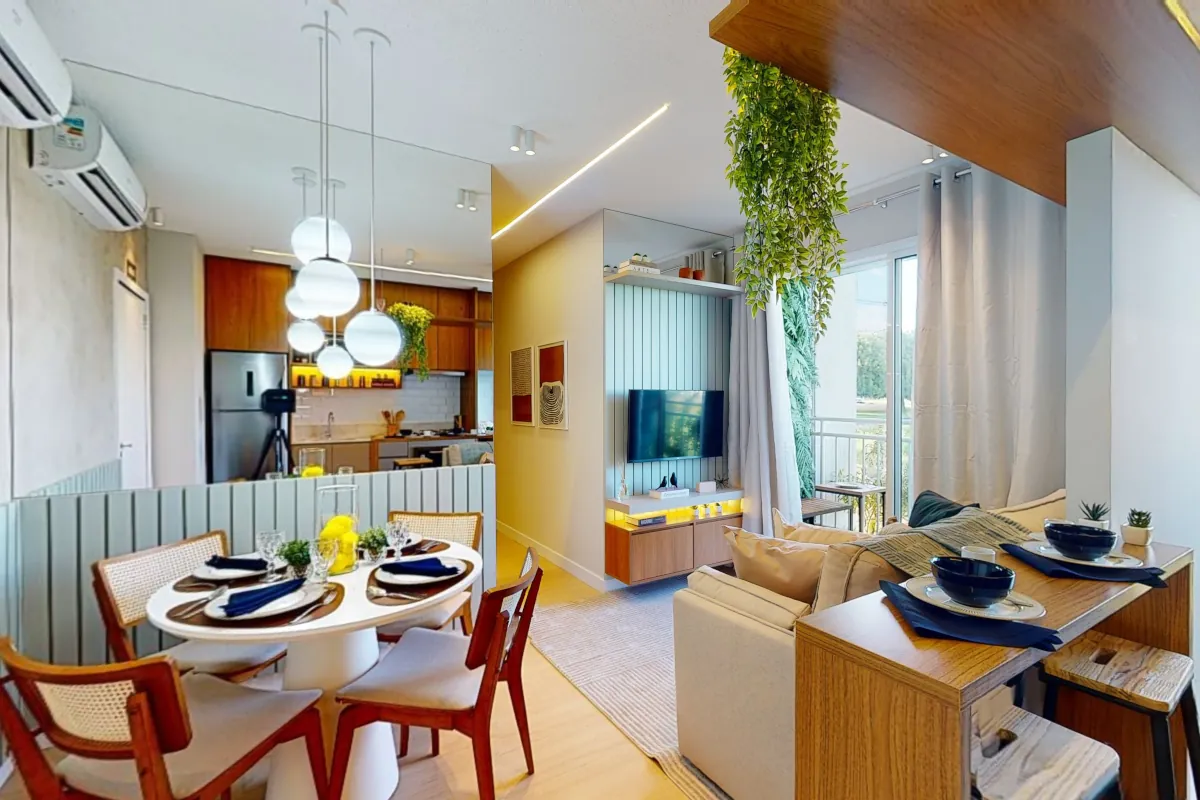 Apartamento decorado do Reserva Direcional Jardim Botânico com sala e cozinha integradas