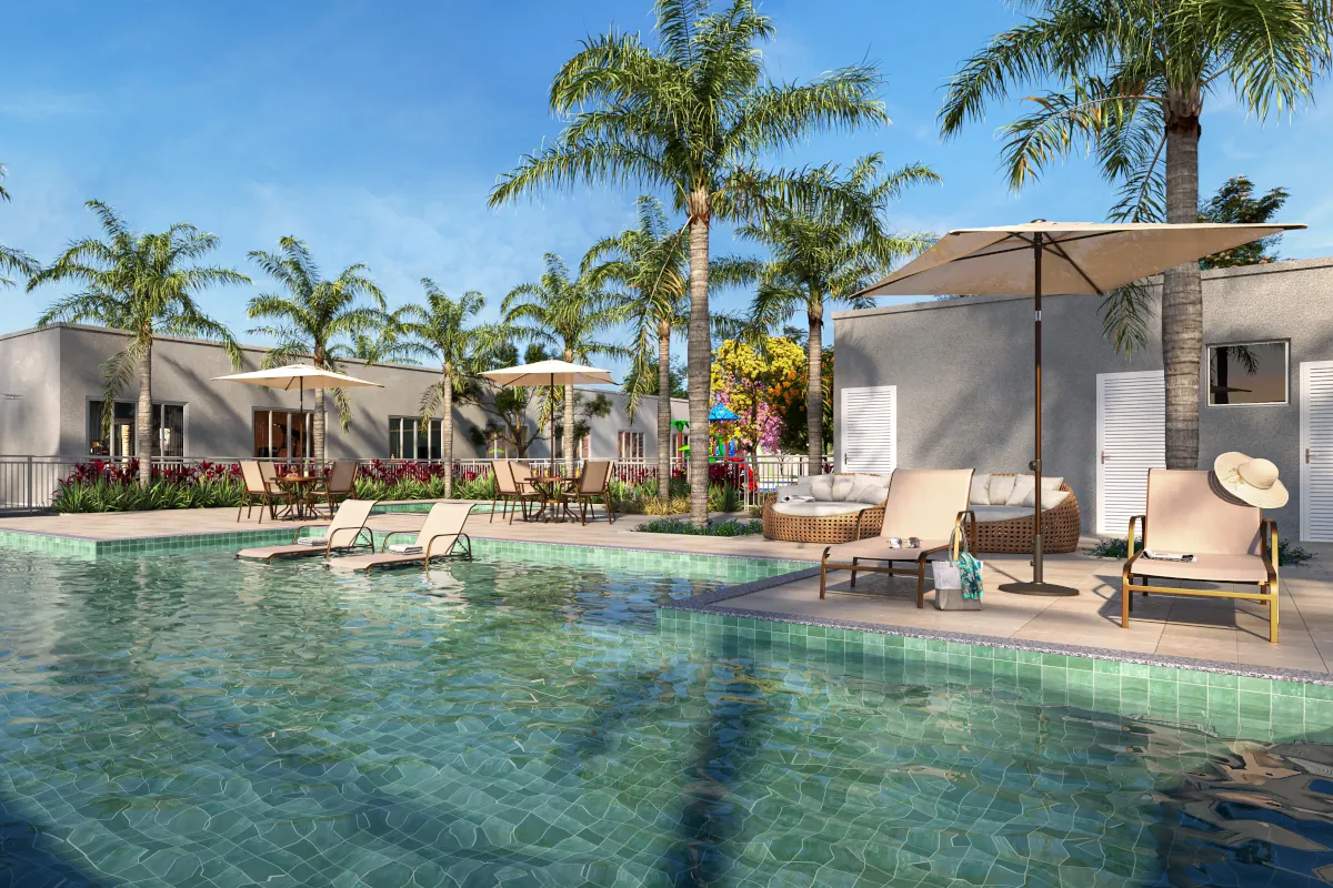 Área de lazer do Village Gaia com piscina e deck