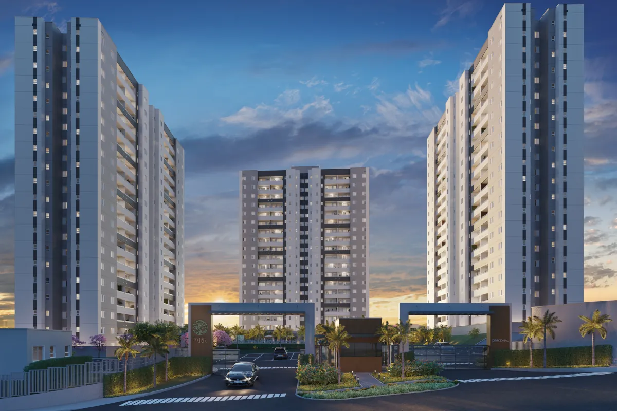 Fachada do Village Park com portaria e três torres residenciais