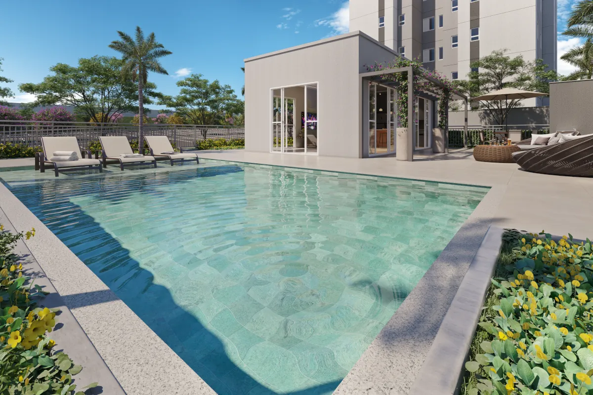Área de lazer do Village Park com piscina e deck
